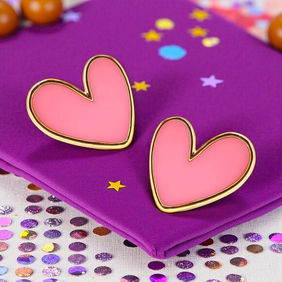 🆕Pink Enamel Heart Stud Earrings Gold Tone Hypoallergenic Gift for Girls & Teen - Picture 6 of 11